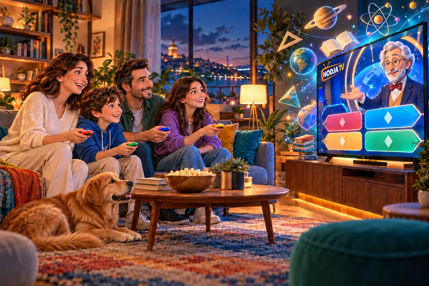 A family learning together with HODJA on a television